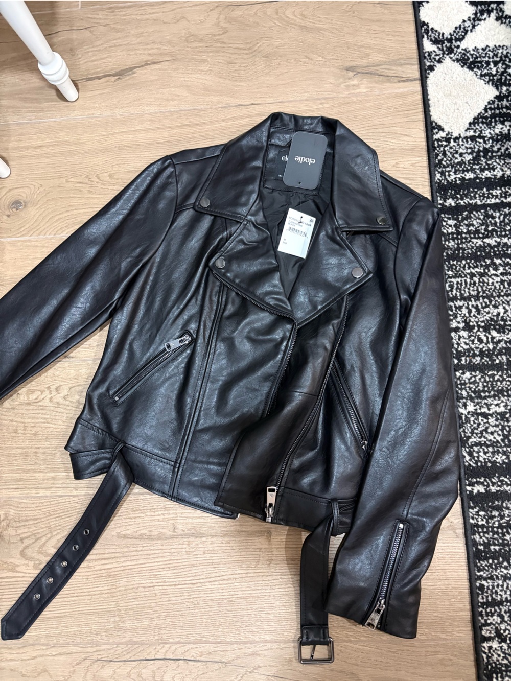 Elodie Black Faux Leather Belted Moto Jacket with Zip Details
